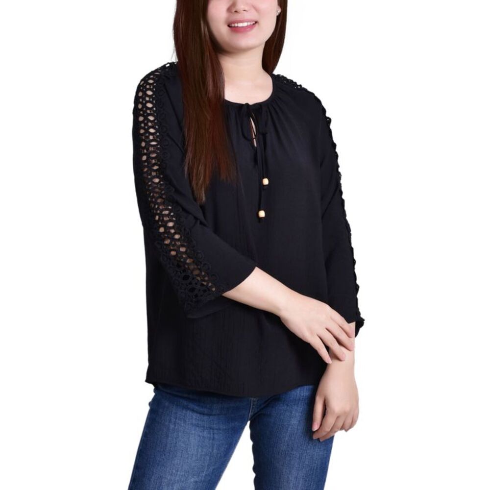 NY Collection Petite Crochet Detail 3/4 Sleeve Blouse